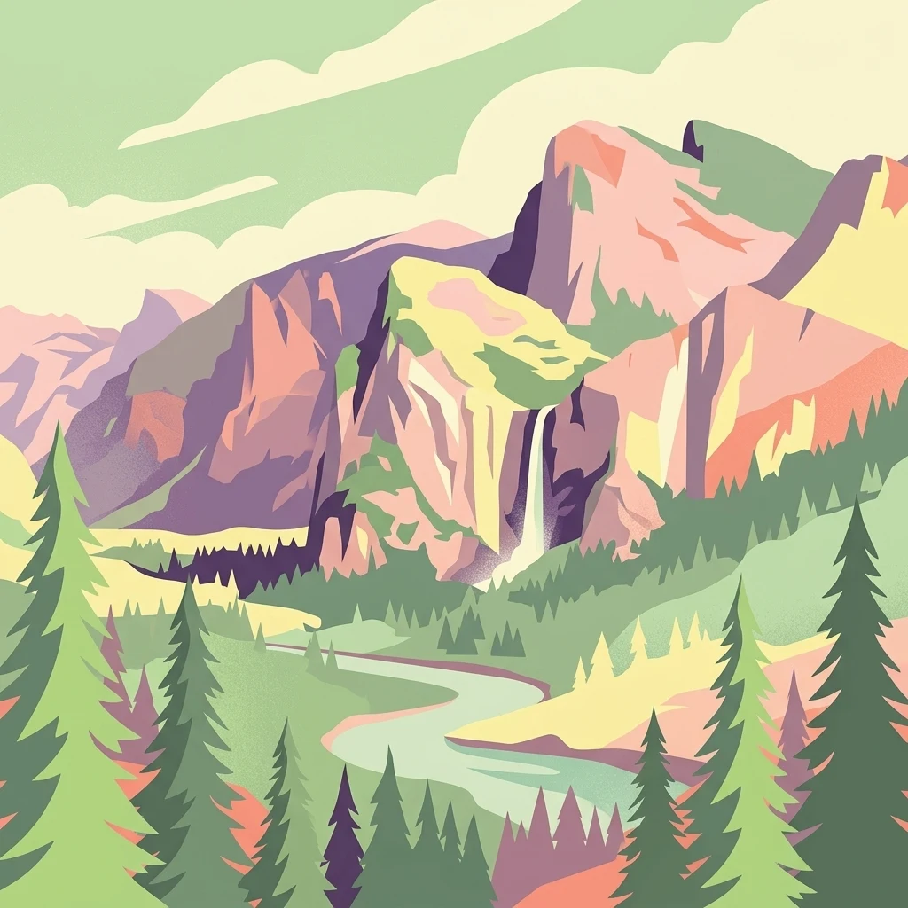 A digital illustration of a valley featuring jagged mountain peaks, a waterfall, a winding river, and pine forests in the foreground.
