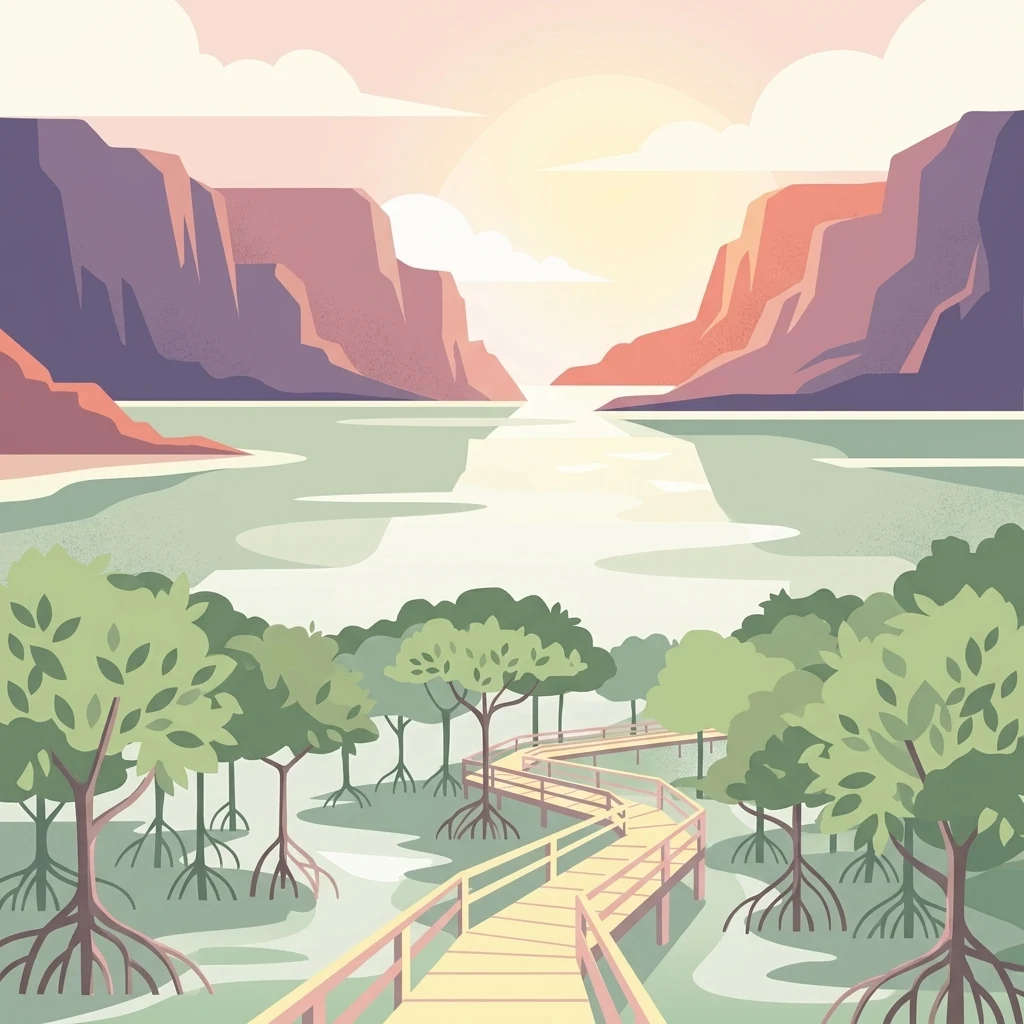Una ilustración digital de estilo plano que muestra una pasarela de madera que conduce a un bosque de manglares con aguas poco profundas, con acantilados lejanos y un amanecer de fondo.