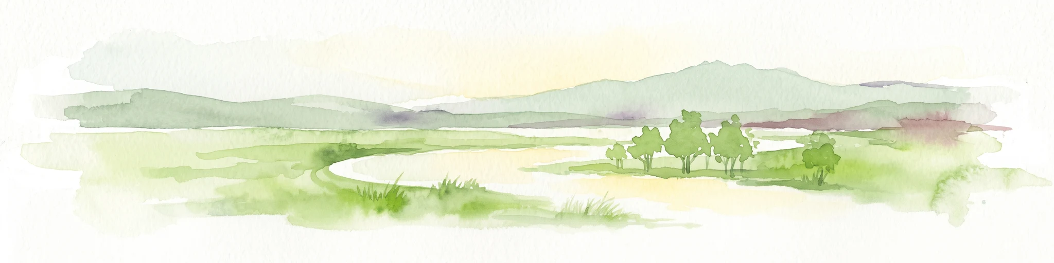 Watercolor illustration depicting a serene wetland scene with soft green marshland, a central body of water, and distant rolling hills.