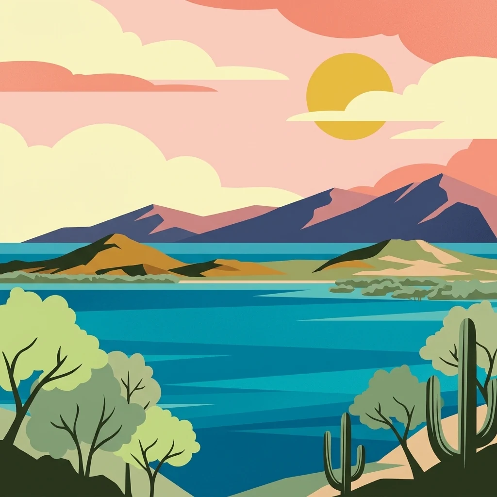 A flat vector-style illustration featuring two prominent twin hills in the distance, a large sun, fluffy clouds, coastal blue waters, and silhouettes of cacti and trees in the foreground.