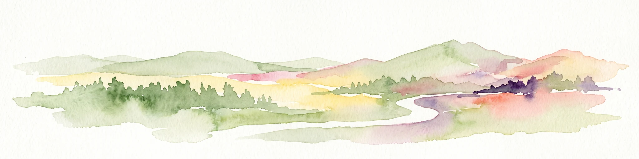 A soft watercolor illustration depicting a landscape of gently rolling hills, trees, and a winding path against a white background.