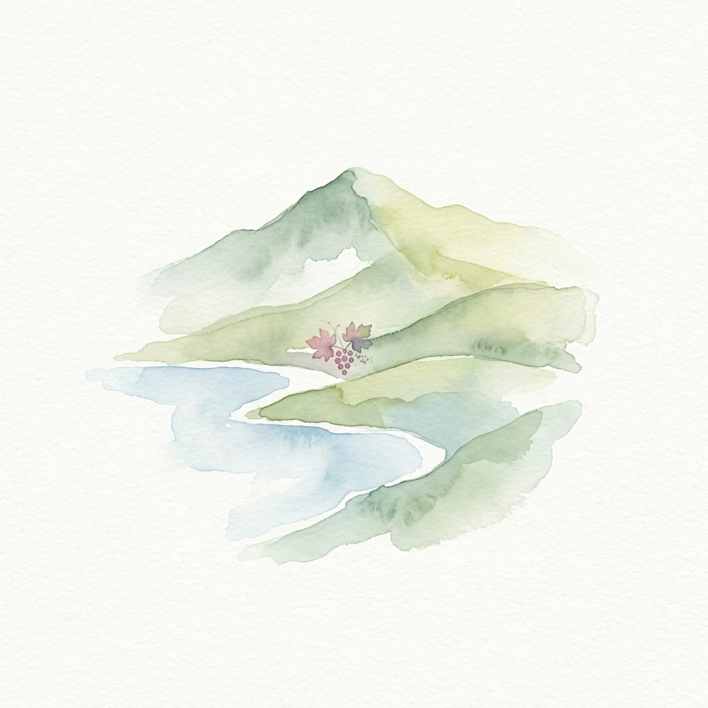 Ilustración acuarela que muestra colinas verdes, agua azul y pequeñas flores rosadas