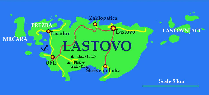 Map of Lastovo island with labeled surrounding islands: Prezba, Mrčara, Lastovnjači. Markers indicate locations like Pasadur, Ubi, Skrivena Luka, and Zaglopatica. Scale bar shows 5 km