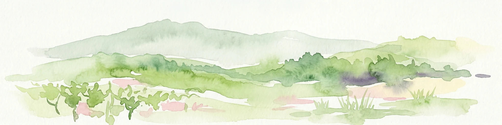 Ilustración de acuarela de colinas onduladas, vegetación verde y montañas distantes bajo un cielo claro