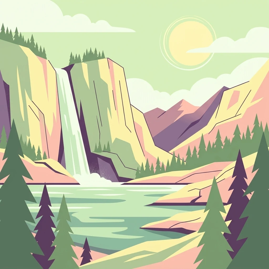 A digital illustration depicting a waterfall cascading from rocky cliffs into a lake, with evergreen trees in the foreground and a pale sun in a pastel sky.