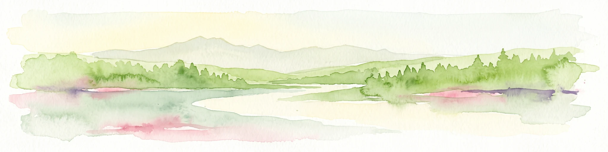 Watercolor painting of a green forest, calm water, and distant mountain silhouettes against a light sky.