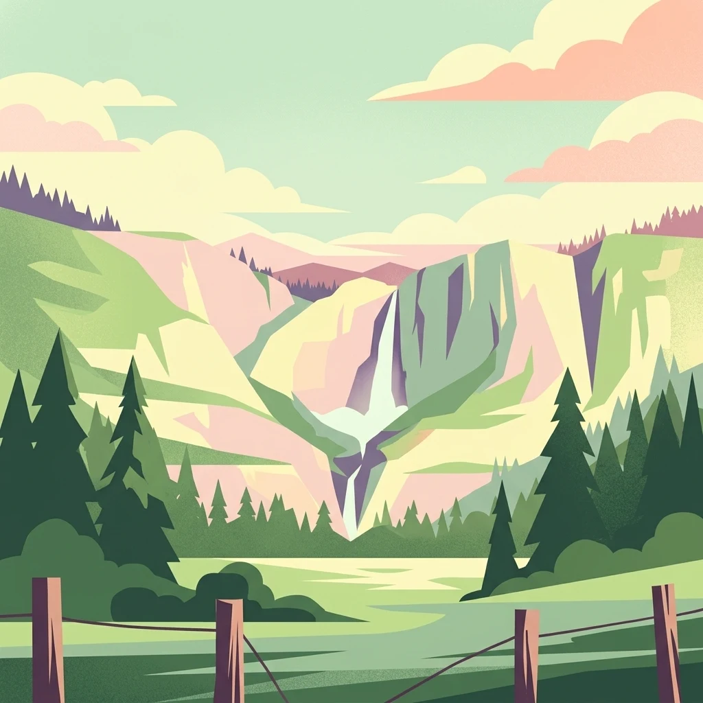 Stylized digital illustration of a mountain landscape with a waterfall, conifer forest, and a split-rail fence in the foreground.