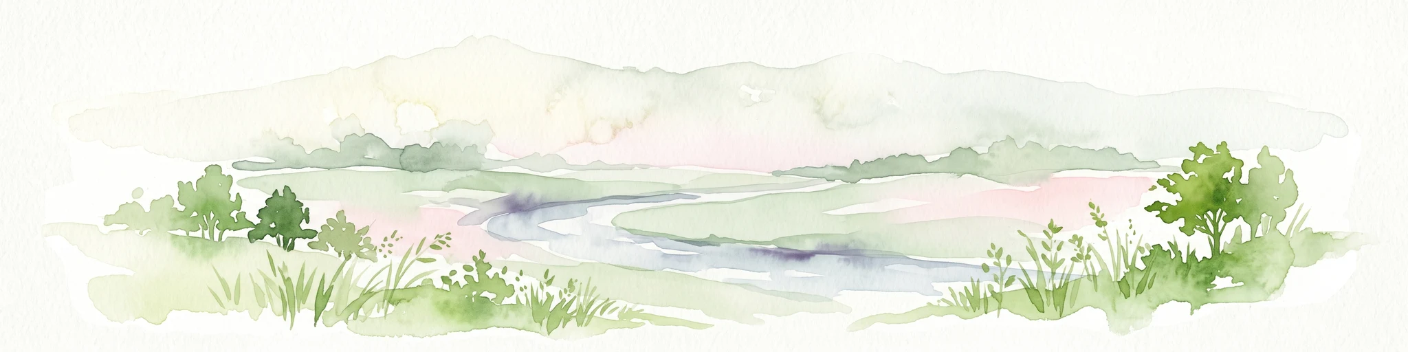 A soft watercolor painting of a winding stream through a grassy meadow with gentle hills in the background.