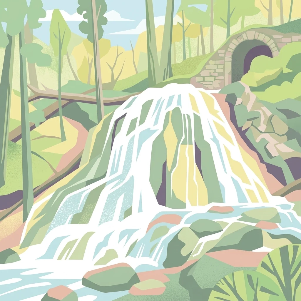 A stylized digital illustration of a cascading waterfall flowing over rocks, surrounded by a forest with a stone arch tunnel visible in the background.