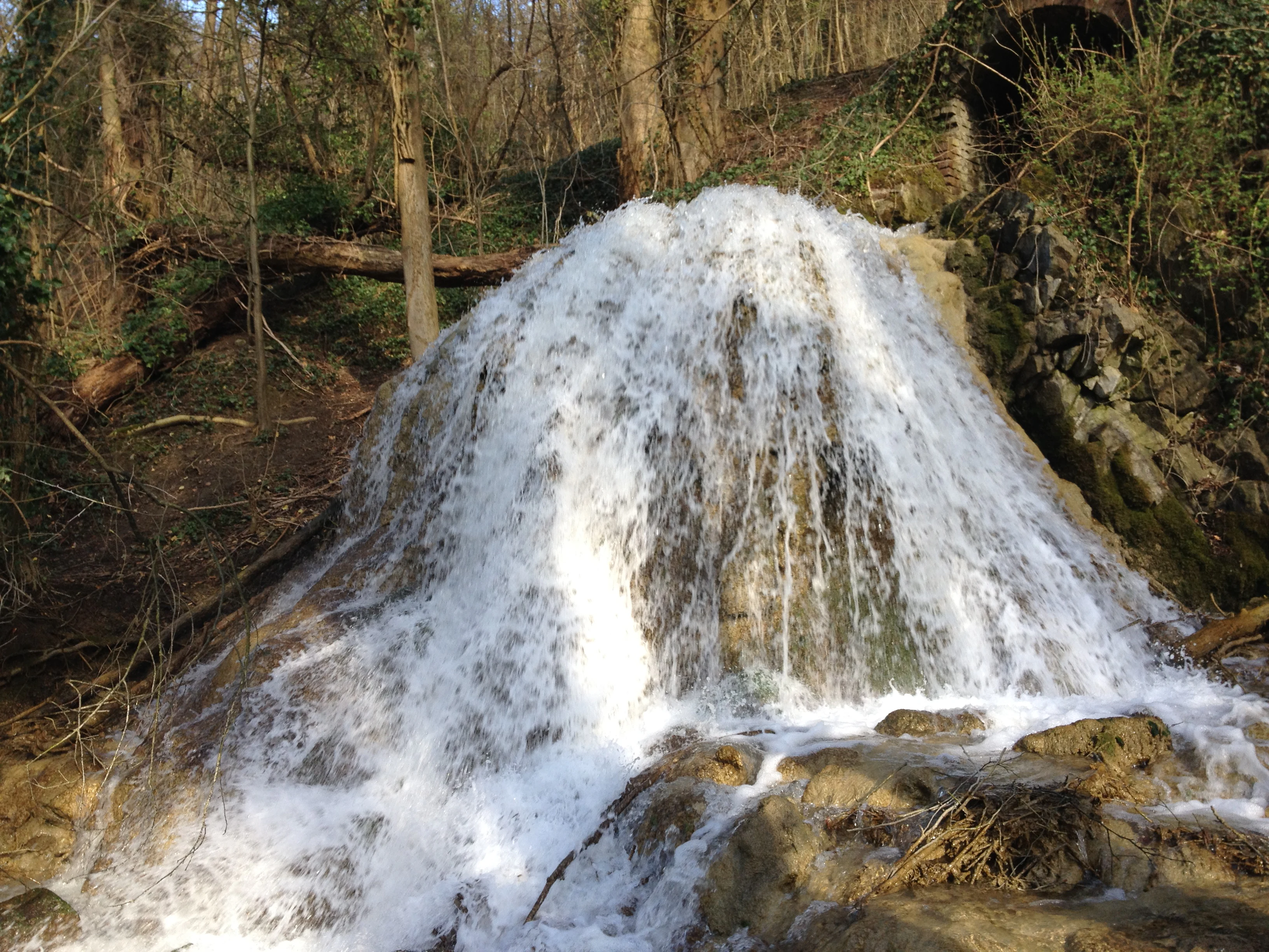 A small waterfall flowing over rocky terrain surrounded by a wooded ravine.