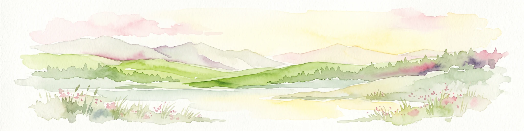 A watercolor painting showing a soft, peaceful landscape with light green rolling hills in the background, a flat plain in the middle ground, and grasses and wildflowers in the foreground under a pale, warm sky.
