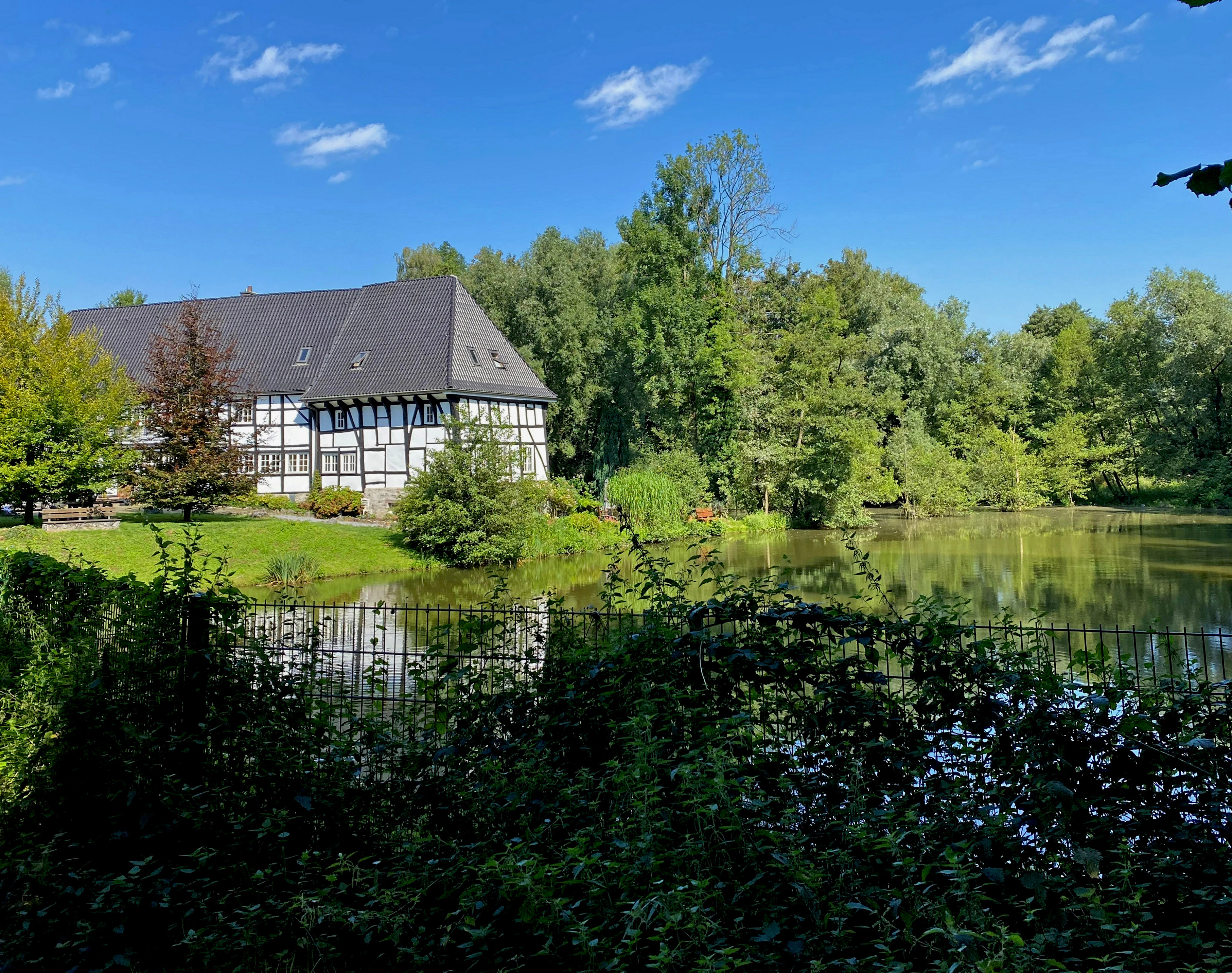 A traditional timber-framed building, known as Haus Laubach, sits on the grassy shore of a reflective pond, surrounded by lush green trees under a clear blue sky.