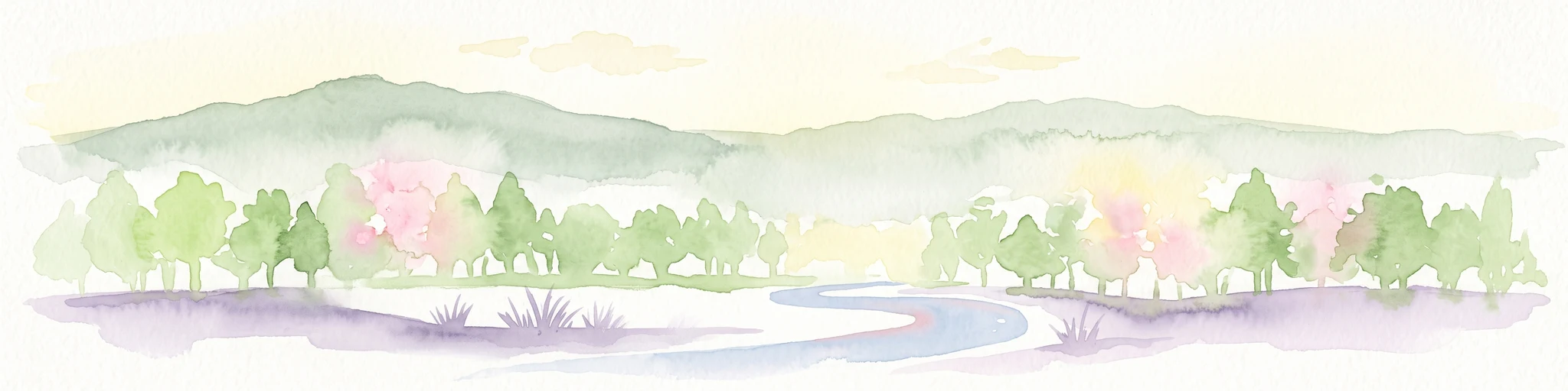 A watercolor painting showing a winding stream flowing through a green valley with soft hills and trees in the background.