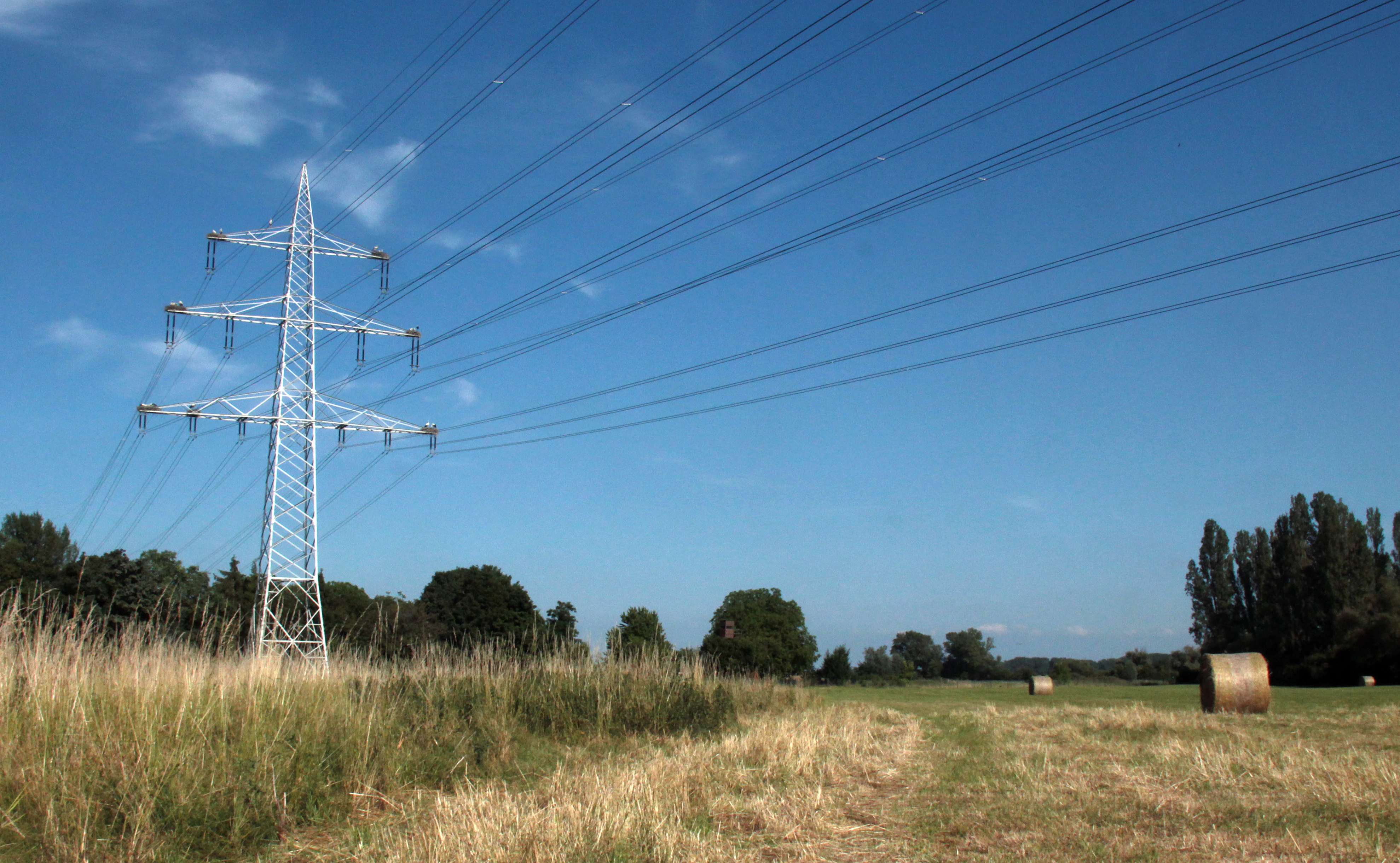 A metal high-voltage electricity transmission tower stands in a grassy field with round hay bales, under a clear blue sky.