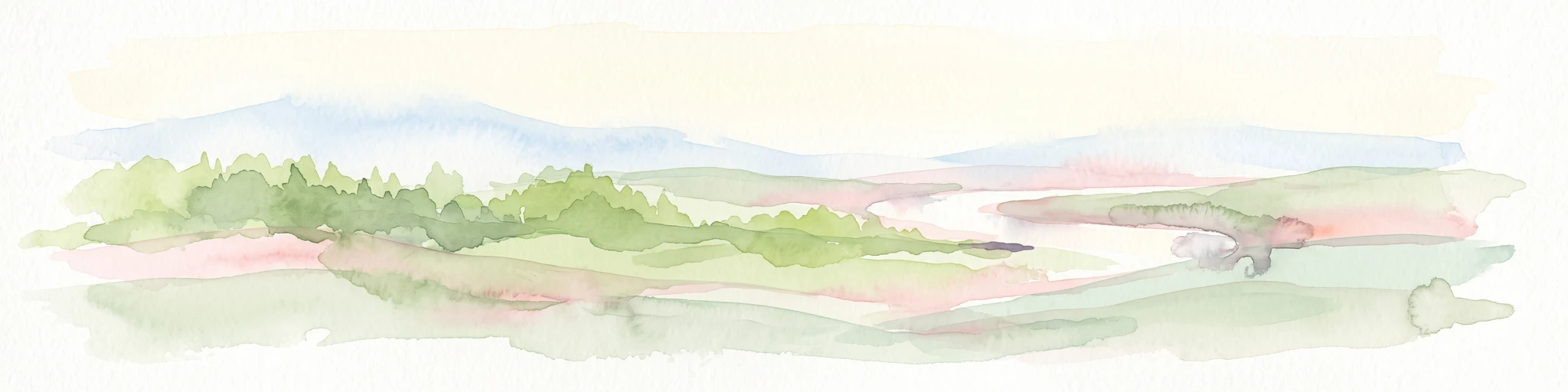 Watercolor painting of a green wetland landscape with a winding river and distant blue hills against a pale sky.