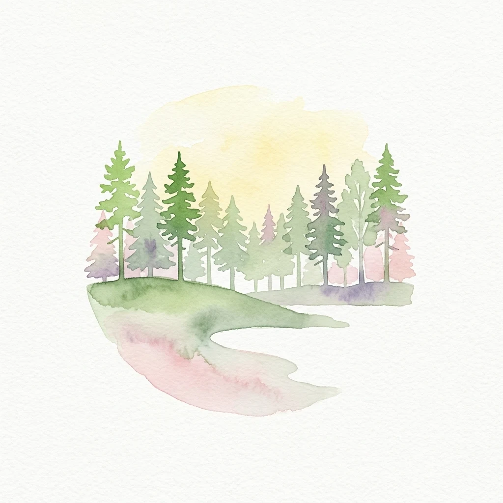 Watercolor painting showing a small hill with pine trees and a stream flowing through a forested area