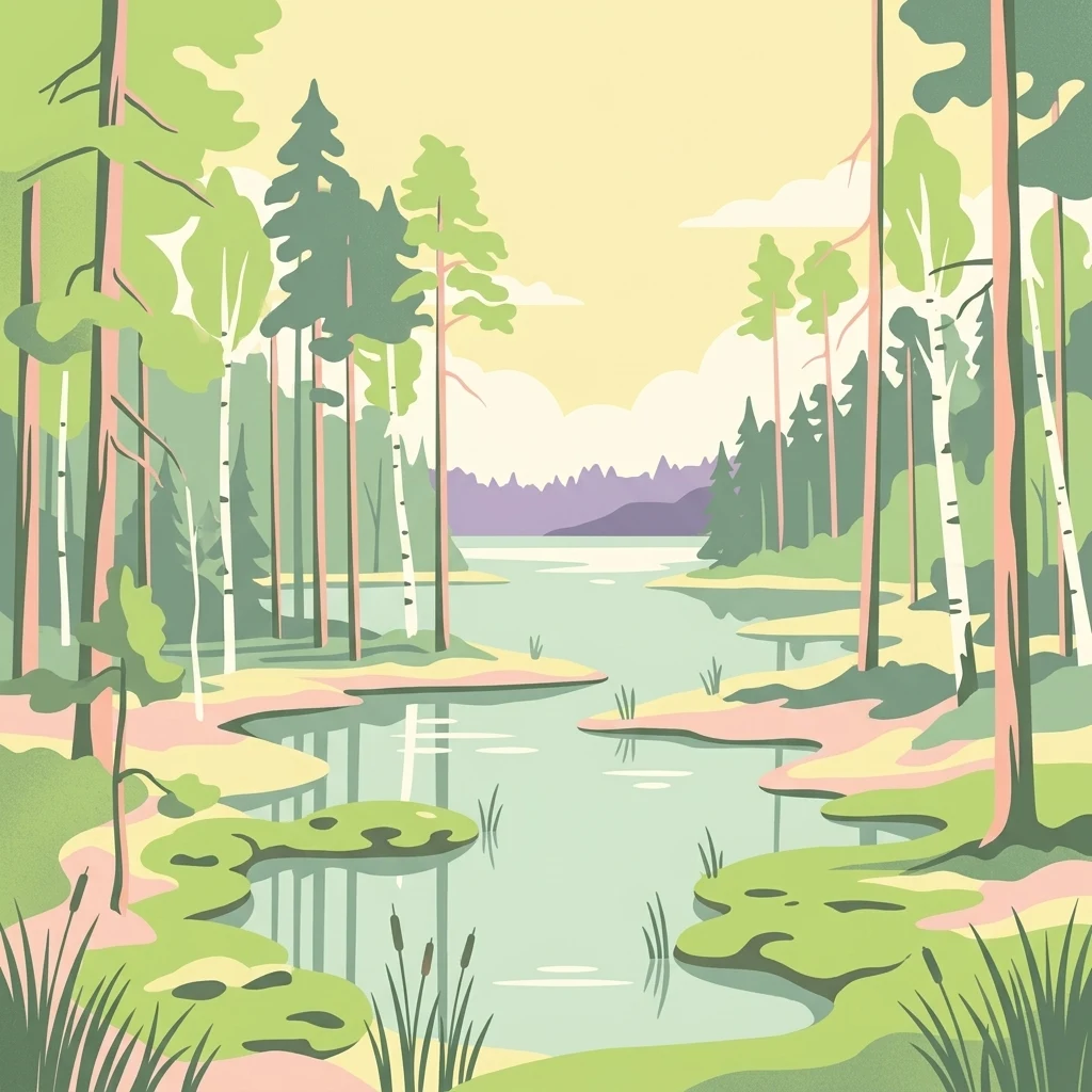 Illustration of a forested river landscape with pine and birch trees, a calm river, and marshy areas