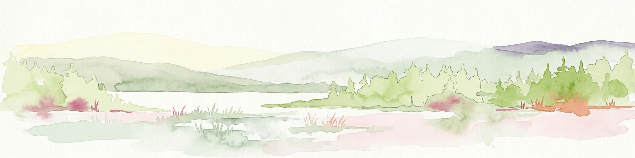 Ilustración en acuarela de un paisaje con bosques verdes, una masa de agua y colinas onduladas al fondo