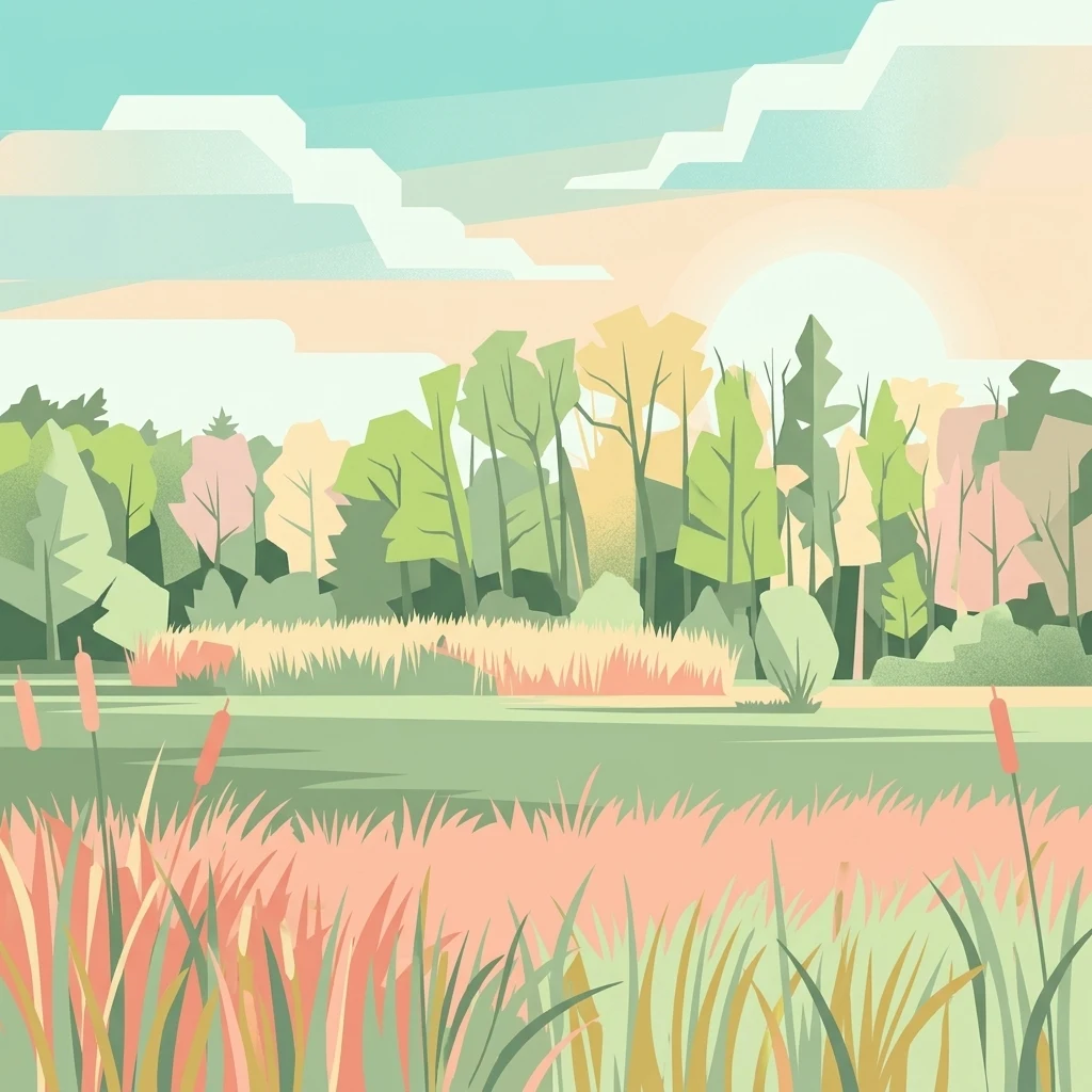 Una ilustración digital estilizada de una escena de humedal con hierbas altas, espadañas y un fondo de árboles caducifolios bajo un cielo suave y pálido.