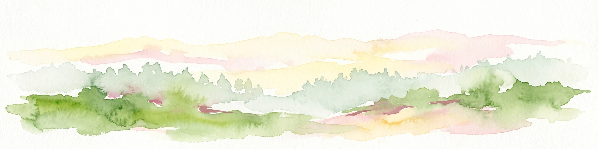 Una pintura horizontal en acuarela que muestra una escena forestal estilizada y en capas, en tonos verdes apagados, rosas y amarillos, sobre un fondo blanco.