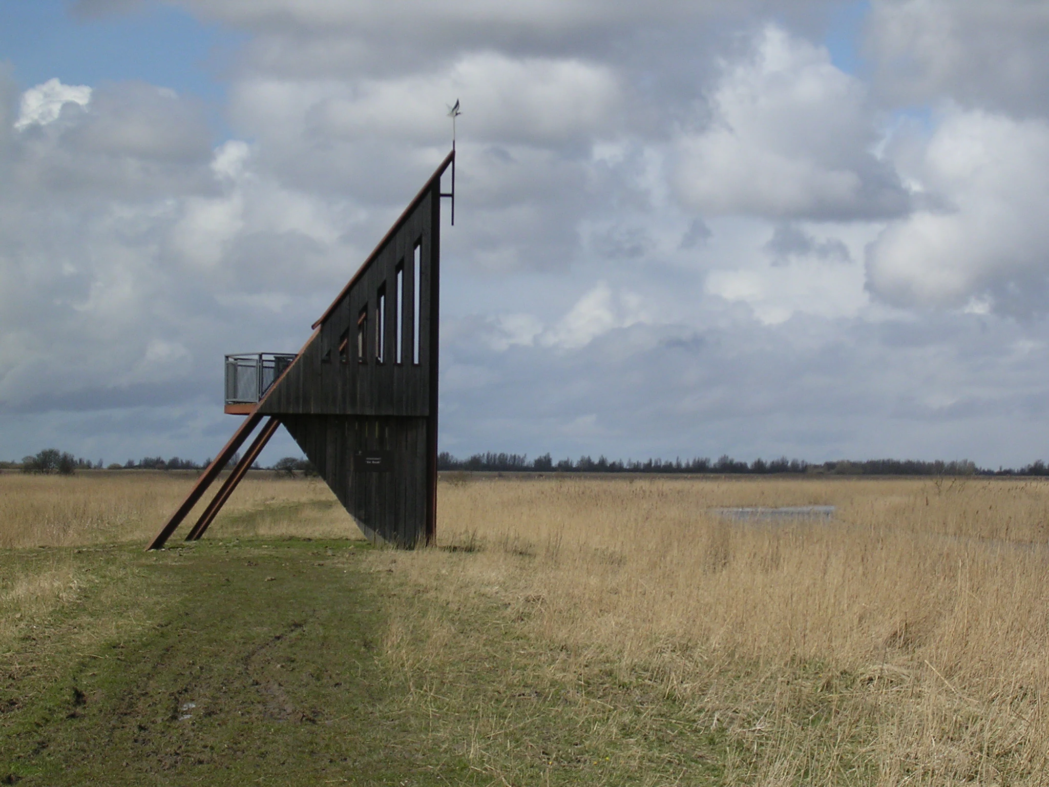 Tall wooden observation structure in a grassy field with water body and cloudy sky