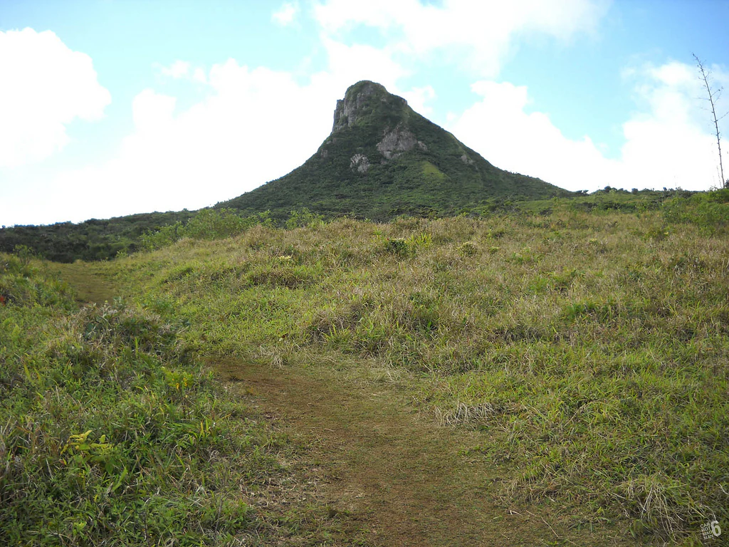 Un sendero de senderismo de tierra conduce a través de campos verdes y cubiertos de hierba hacia la distintiva cima rocosa de la montaña Le Pouce bajo un cielo azul parcialmente nublado.