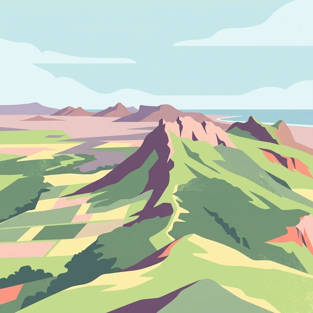 A stylized digital illustration of a mountainous landscape, featuring a prominent, craggy peak in the center surrounded by green slopes, fields, and a distant coastline under a light blue sky.