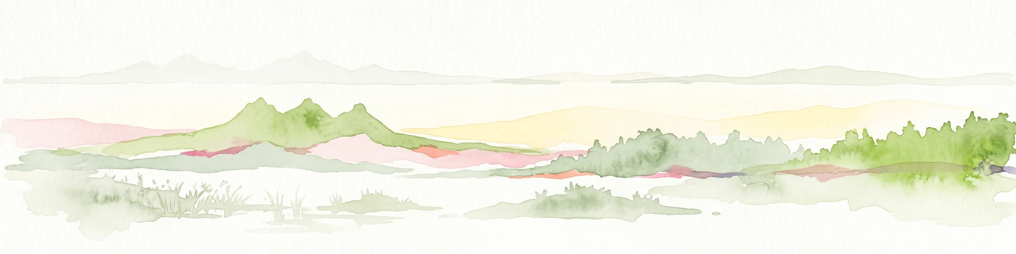 A minimalist watercolor painting showing green rolling hills and distant terrain on a white background.