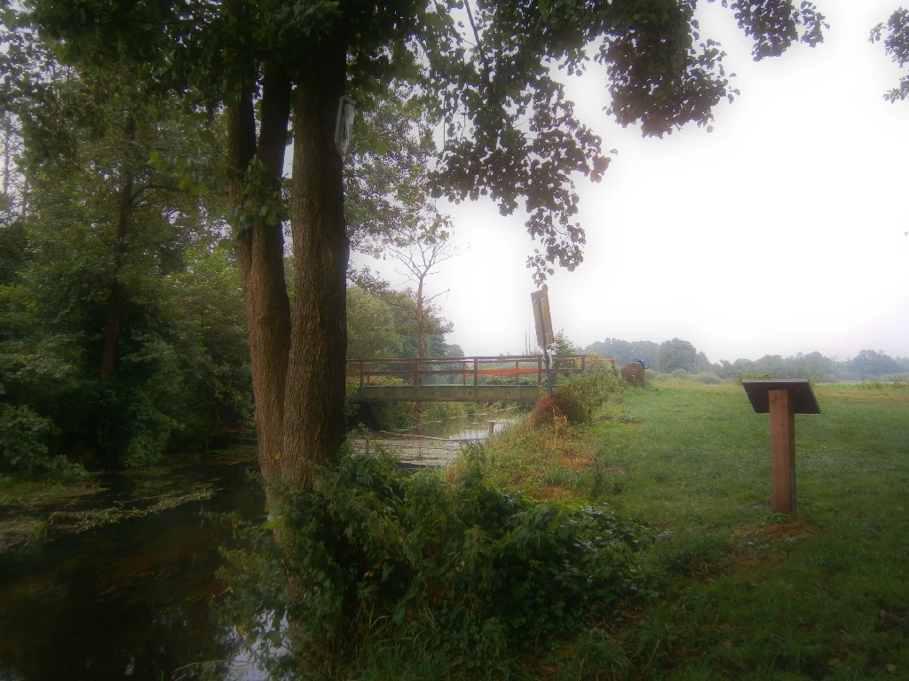 A river flowing through a green landscape with large trees on the left, a small wooden bridge crossing the water in the middle distance, and a wooden information sign standing in a grassy field on the right under an overcast sky