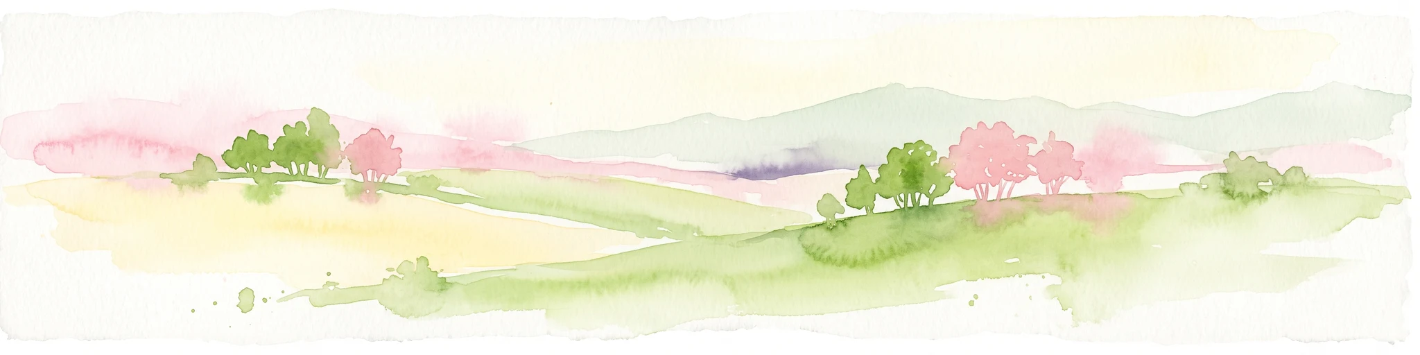 Watercolor painting of a wide landscape with green fields, rolling hills, and trees with pink and green foliage.