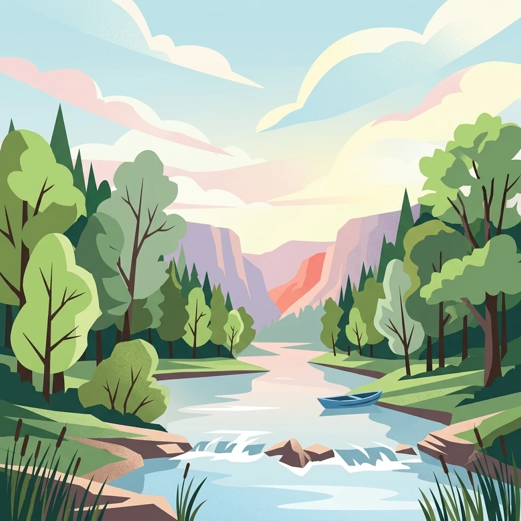 A flat vector-style illustration of a river flowing through a lush valley with deciduous and coniferous trees, a small blue boat moored on the bank, and mountains in the distance.