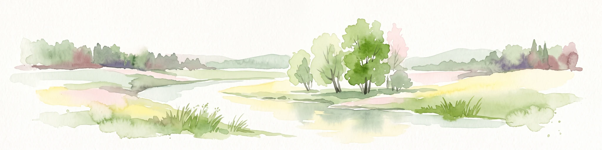 Watercolor painting depicting a gentle river winding through green meadows and groves of trees with a soft, hazy background.