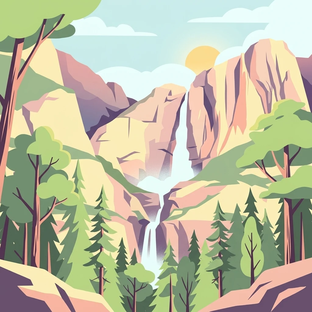 A flat-style vector graphic depicting a deep canyon with two tiers of waterfalls, surrounded by coniferous trees and rocky cliffs under a soft sun.