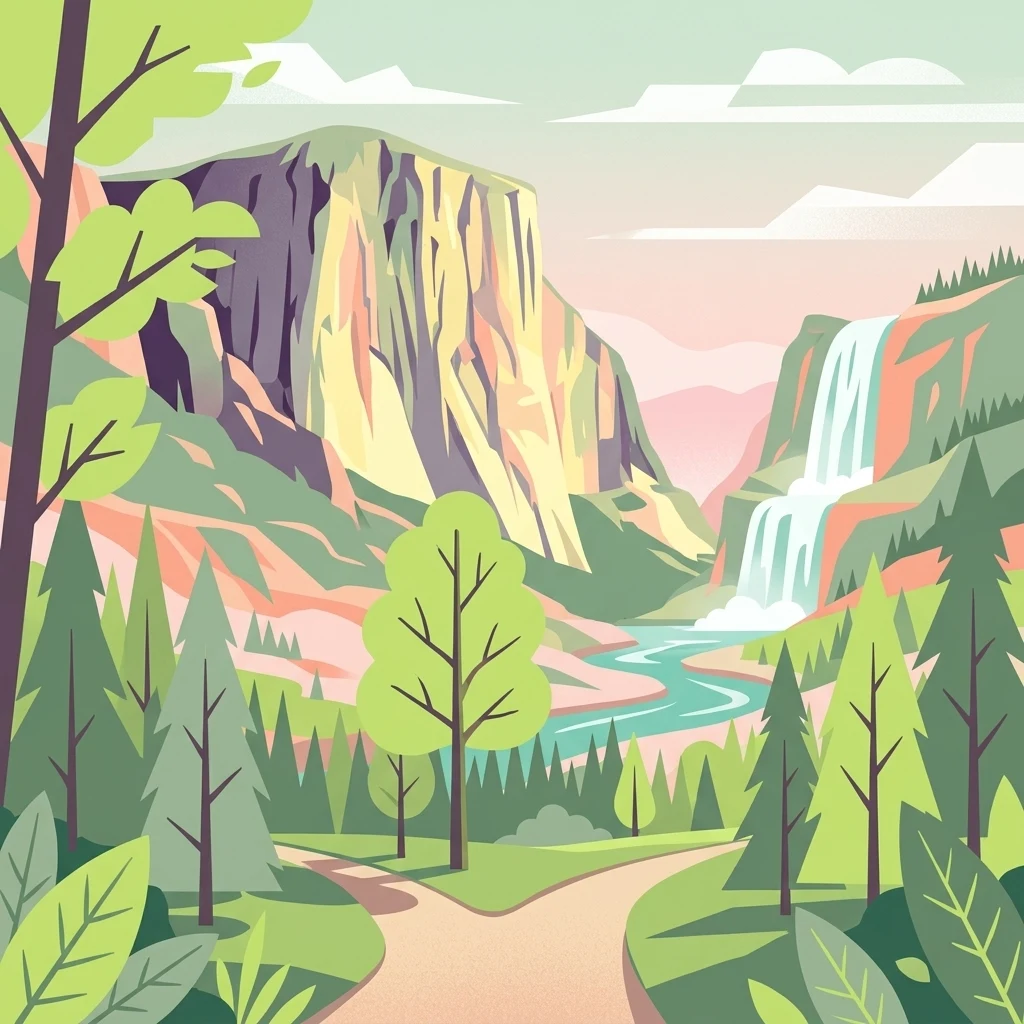 A flat-design, stylized digital illustration of a mountain landscape with a large cliff, a waterfall flowing into a river, evergreen and deciduous trees, and a dirt path splitting in the foreground.