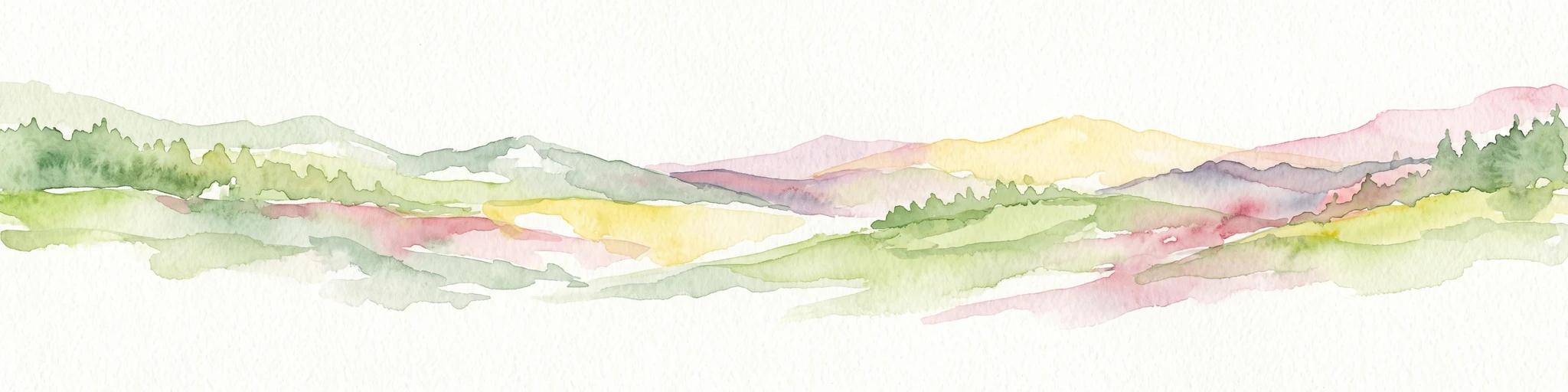 A horizontal watercolor painting showing rolling, abstract hills with patches of green, yellow, and soft red, accented with stylized coniferous forest lines.