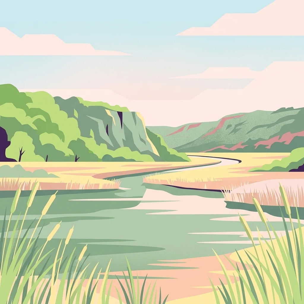 A flat-style digital illustration depicting a winding river or water channel flowing through a marshy wetland with tall grasses in the foreground and green hills in the background.