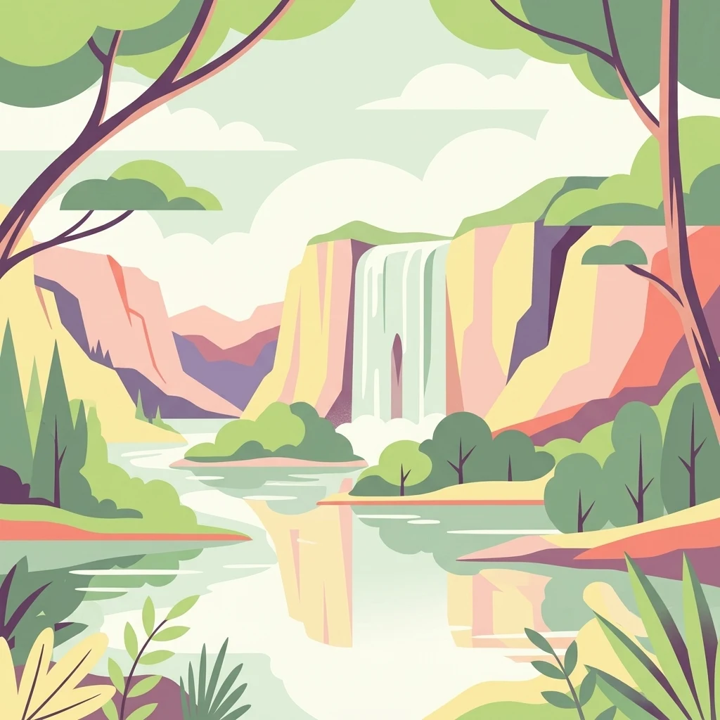 A flat vector illustration of a river scene with a waterfall flowing over cliffs into a calm body of water, framed by stylized trees and foliage.