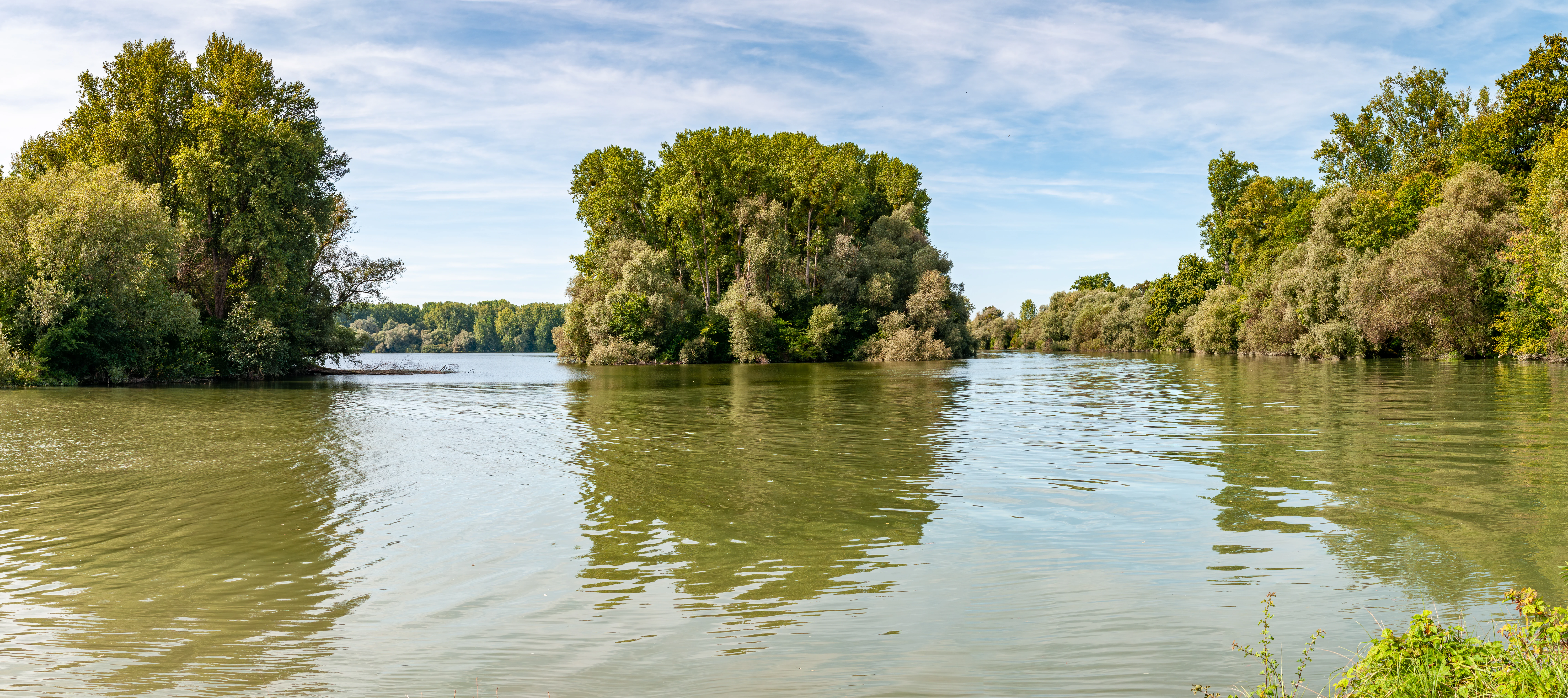 A wide-angle landscape shot of a calm, greenish-grey river surrounded by dense green trees on small islands and banks under a light blue, partly cloudy sky.