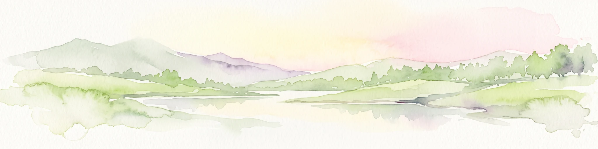 Soft watercolor painting of an oxbow lake landscape with green riverbanks, trees, and distant rolling hills against a pale sky.