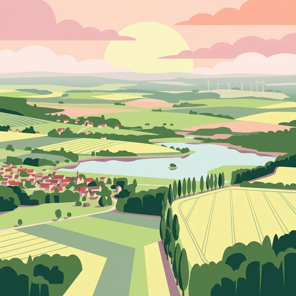 A flat-style digital illustration of a rural landscape at sunset, featuring rolling green fields, patches of forest, a small lake, a village with red-roofed houses, and wind turbines in the distance.