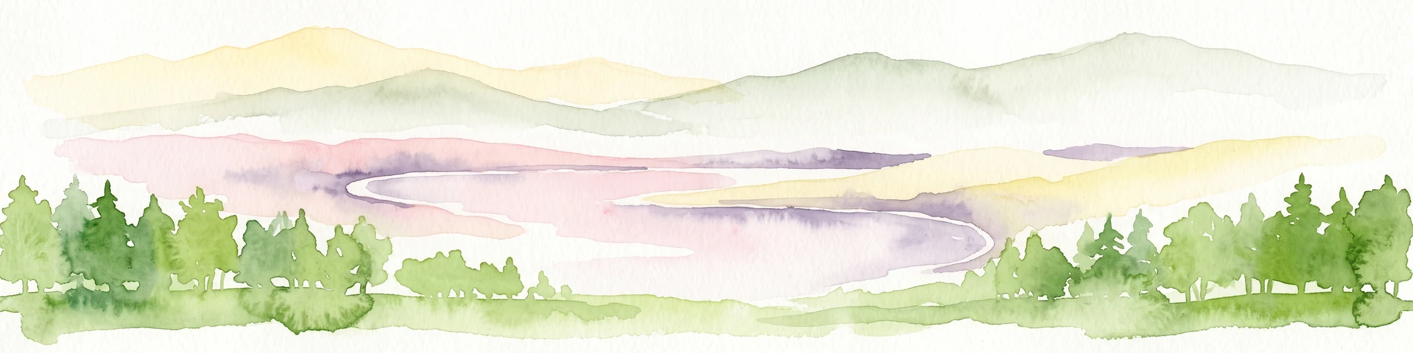 A horizontal watercolor painting depicting a soft-focus forest in the foreground and rolling hills in the background.