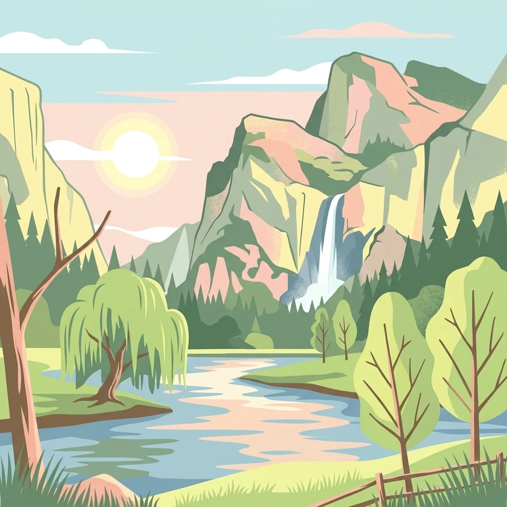 A flat-style digital illustration showing a winding river flowing through a valley toward a waterfall in the distance, set against mountains under a soft sun.