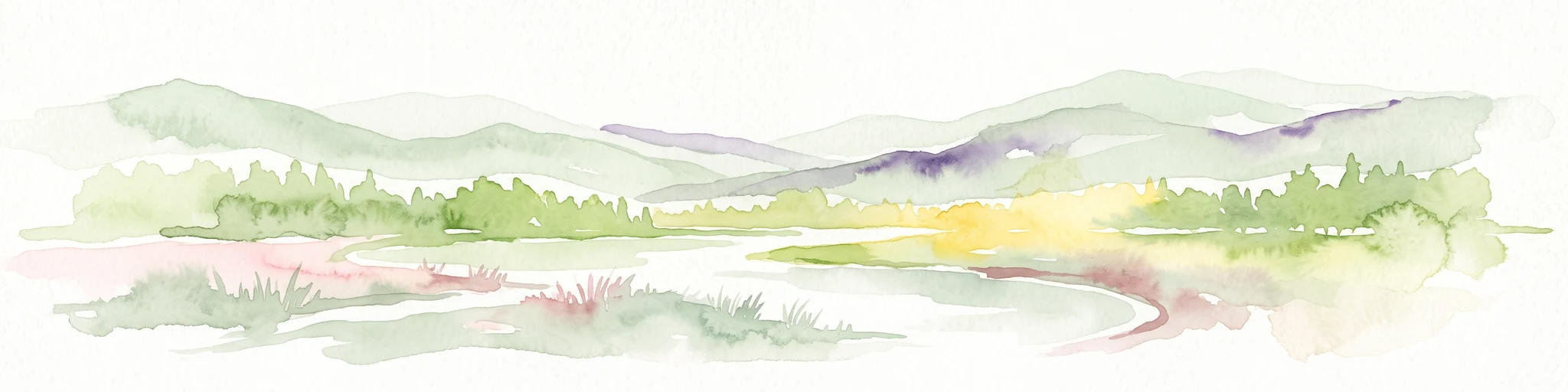 A soft watercolor illustration of a river winding through a green floodplain with rolling hills in the background.