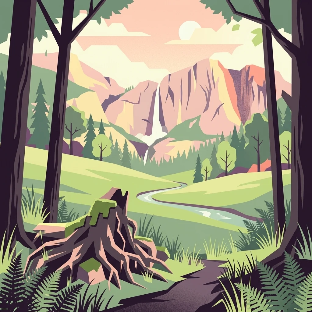 An illustration of a lush mountain valley featuring a stream, a small waterfall in the distance, and a prominent tree stump in the foreground.