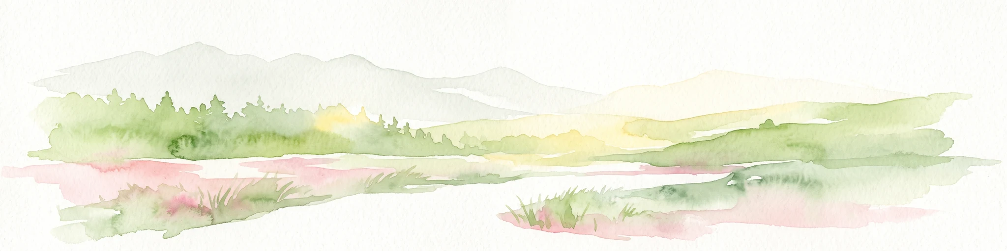 A soft watercolor illustration of a green valley with a central stream or river winding through meadows towards distant hills.