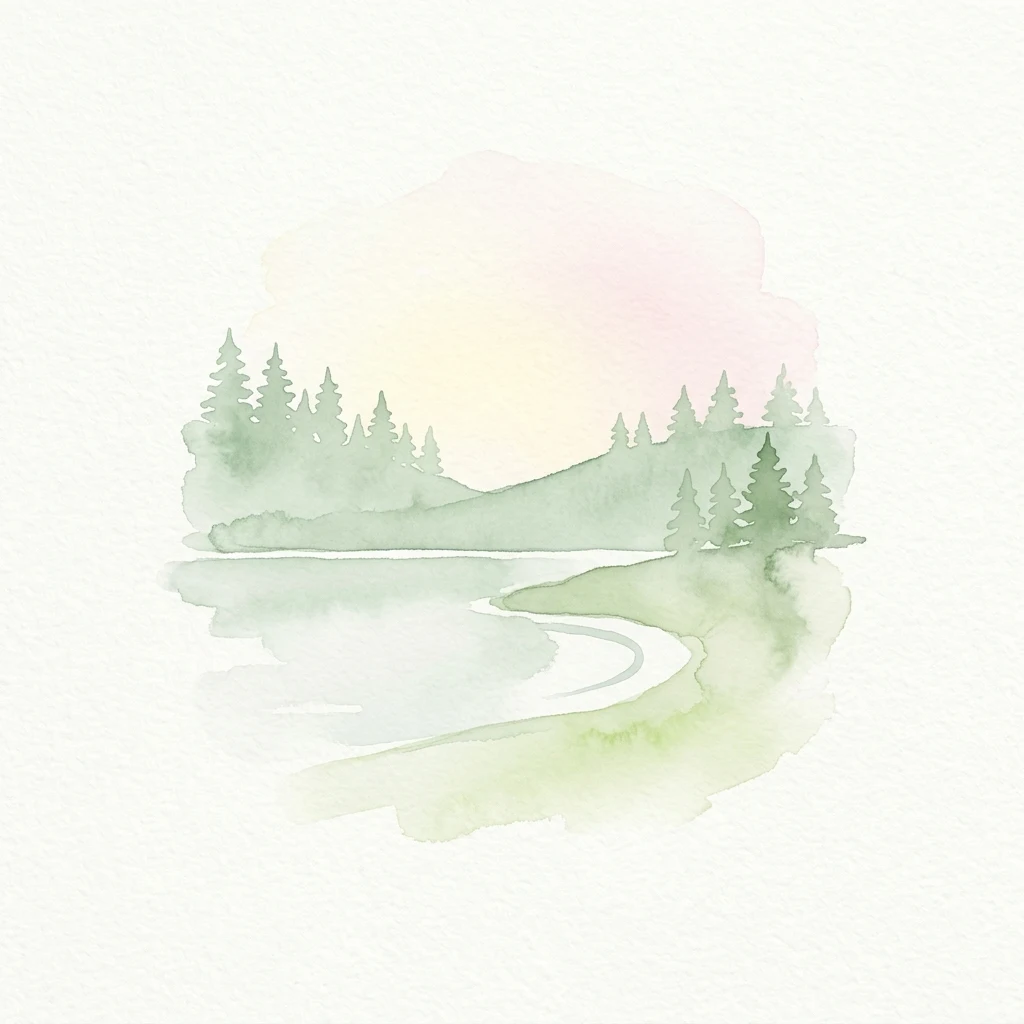 Watercolor painting of a lake with trees and a soft gradient sky