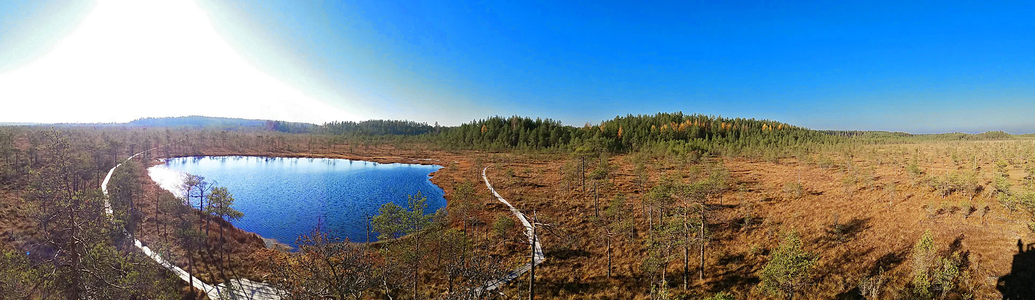 Panoramic landscape of Leivonmäki National Park showing a lake surrounded by forested areas and a trail