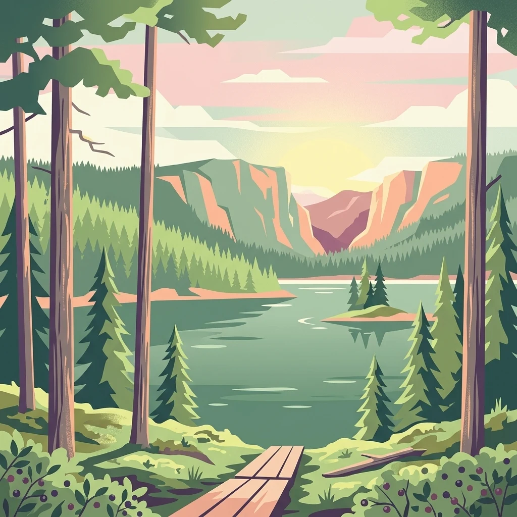 Illustrated forest scene with a wooden boardwalk leading to a lake surrounded by mountains