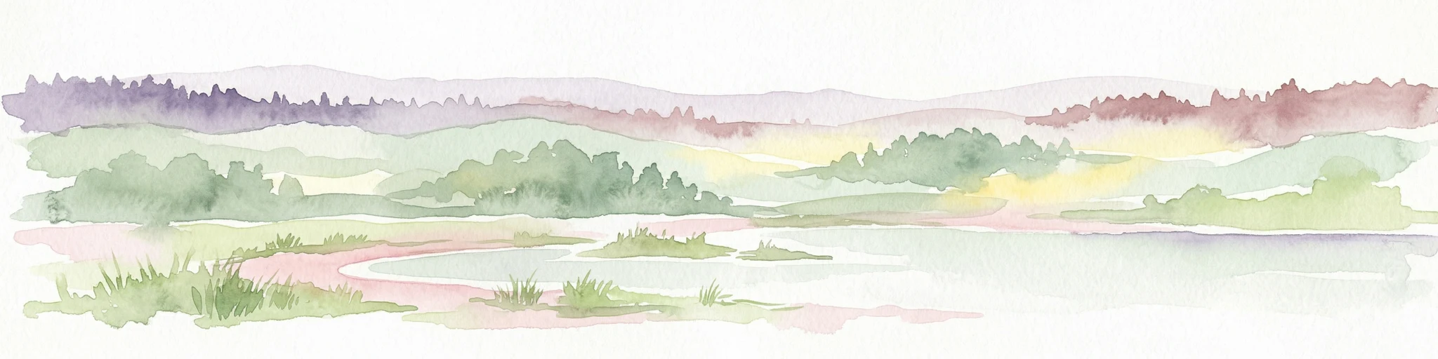 Pintura de acuarela que muestra un paisaje con un lago, bosques y zonas pantanosas bajo un cielo claro