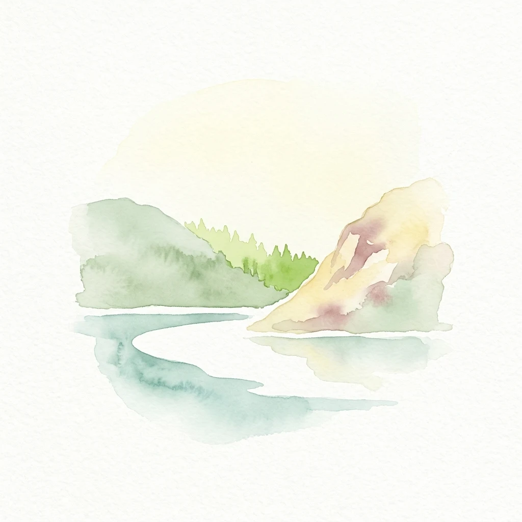 Pintura de acuarela de un río con un afloramiento rocoso y colinas boscosas al fondo